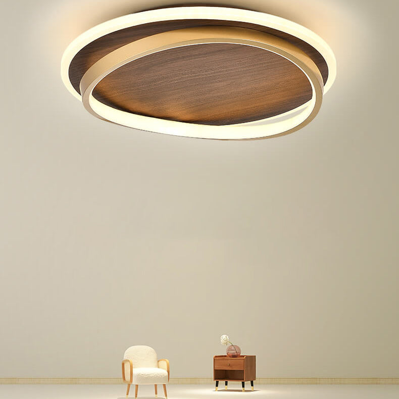 Walnut & Gold Round Ceiling Lamp