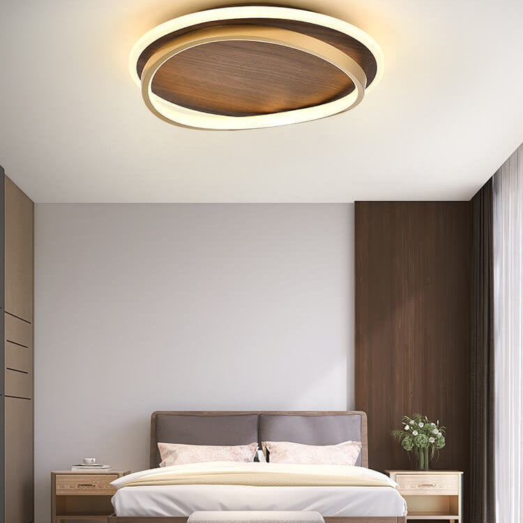 Walnut & Gold Round Ceiling Lamp