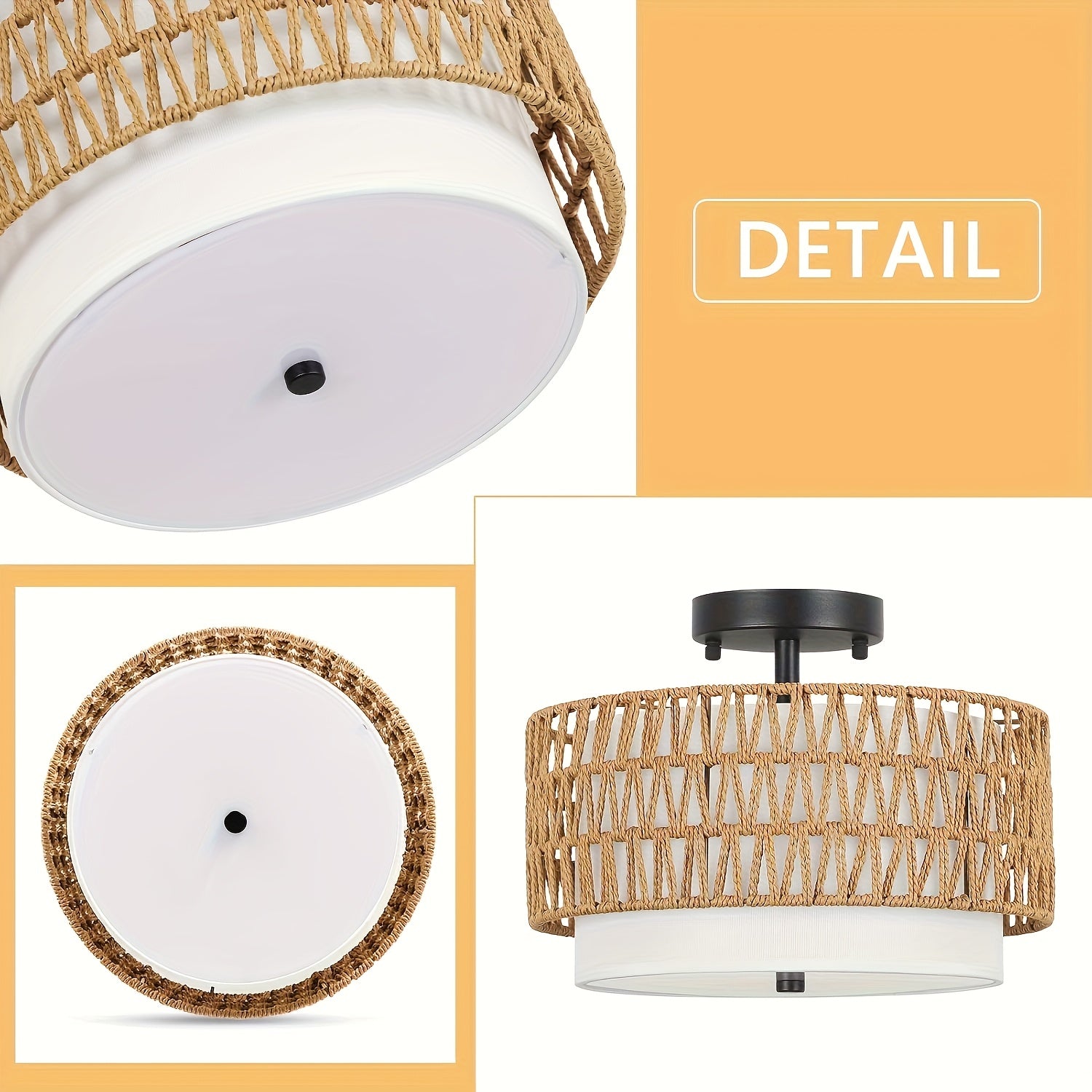 Boho Rattan & Linen Ceiling Light