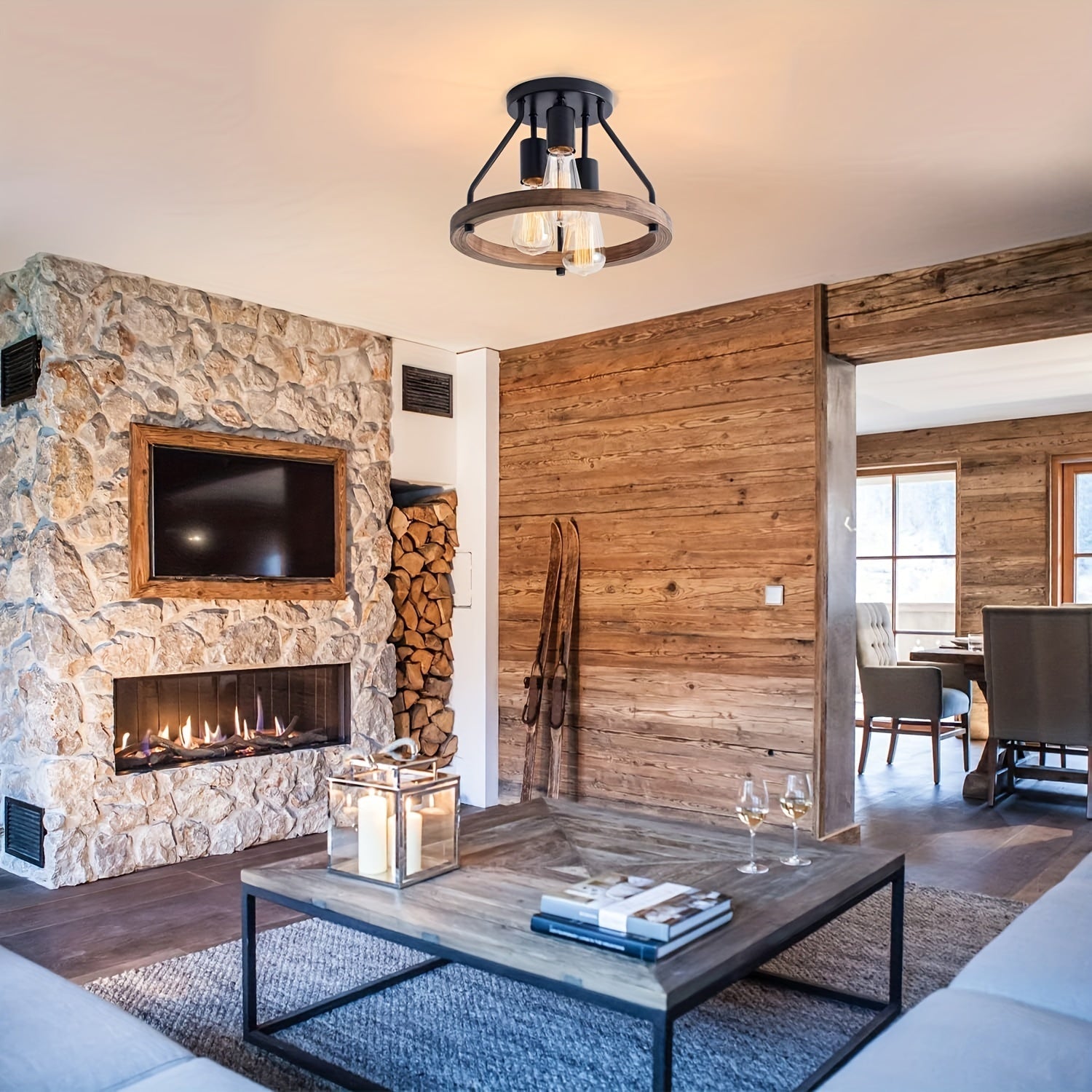Wood Ring 3-Light Ceiling Fixture