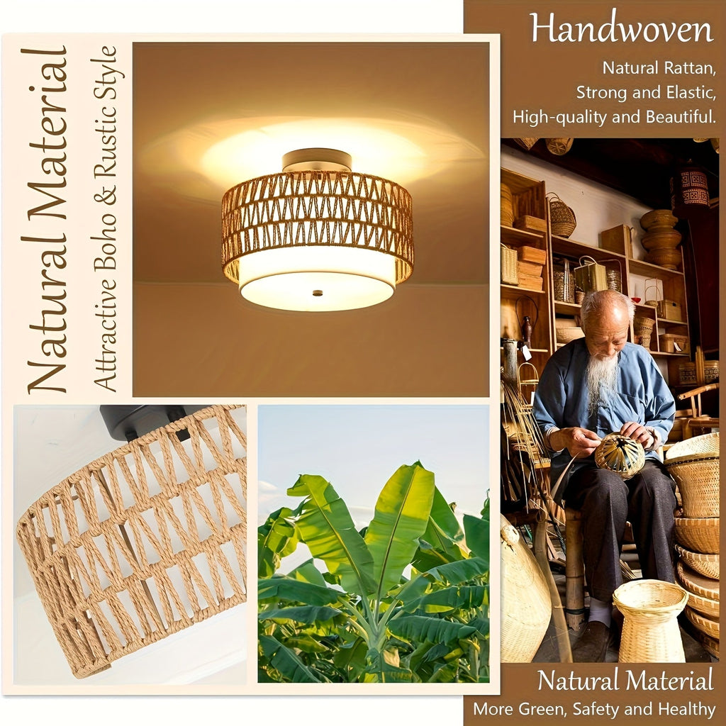 Boho Rattan & Linen Ceiling Light