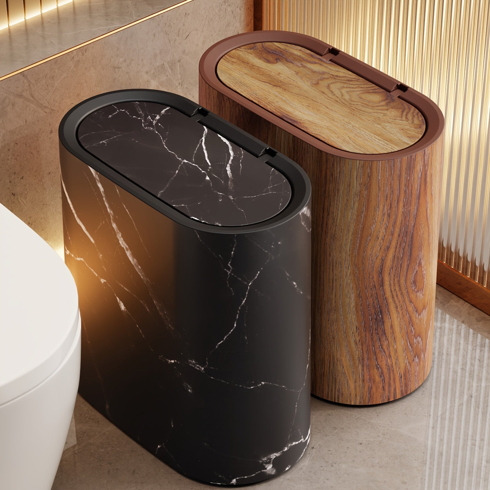 Marble Pattern Lidded Bathroom Bin
