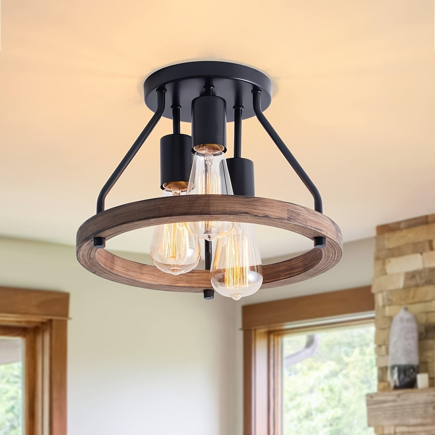 Wood Ring 3-Light Ceiling Fixture