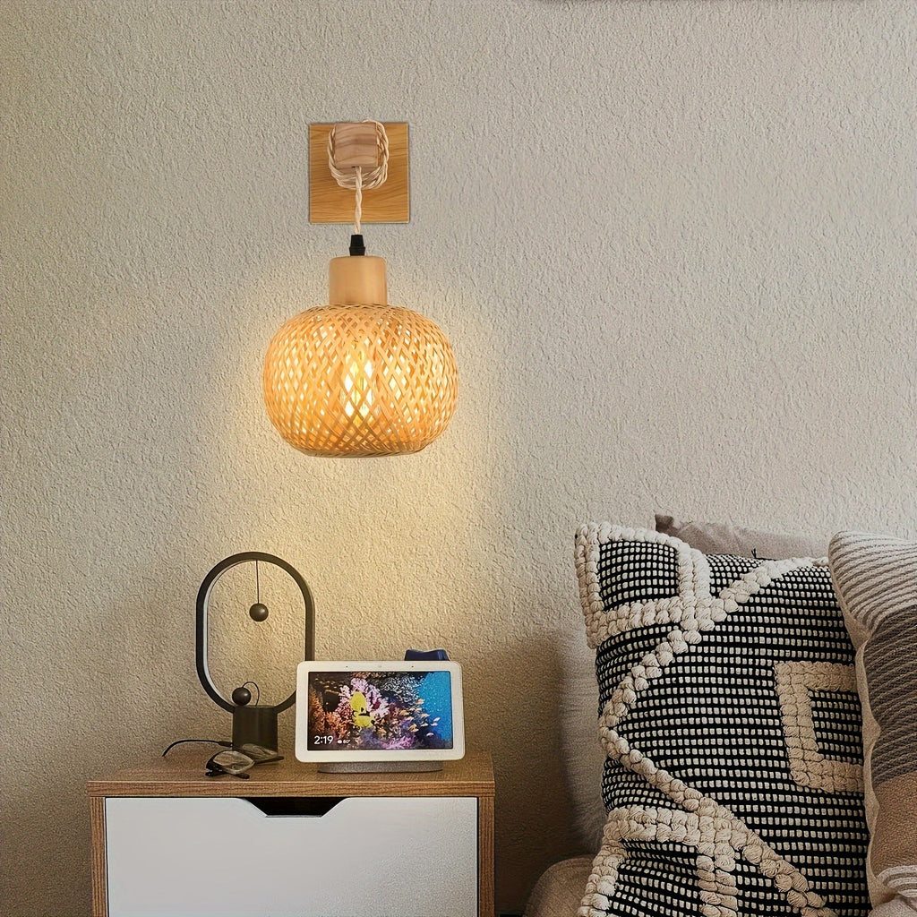 Rustic Rattan & Wood Wall Sconce