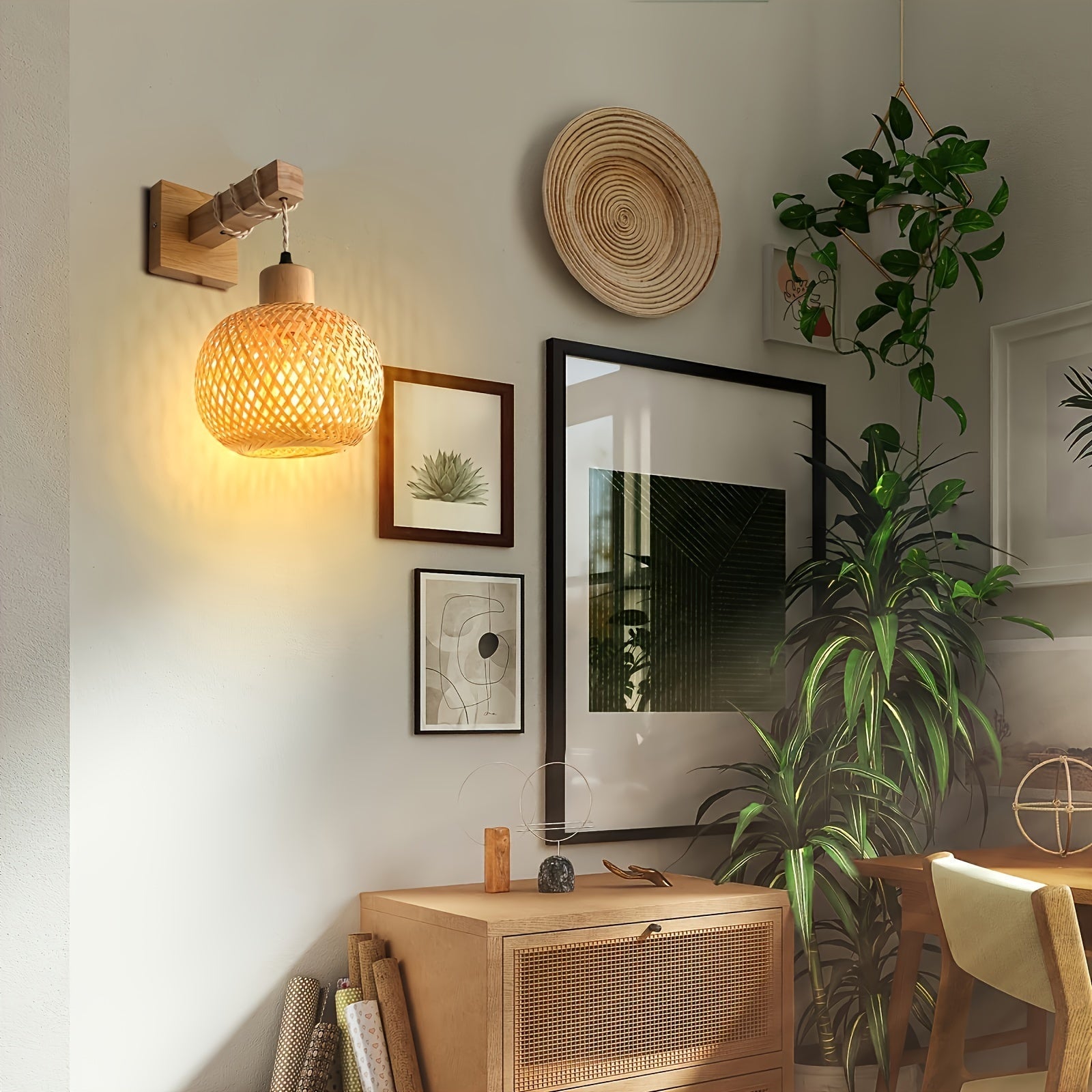 Rustic Rattan & Wood Wall Sconce