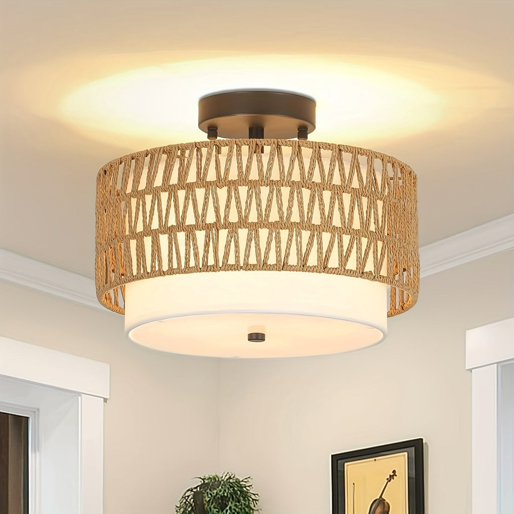 Boho Rattan & Linen Ceiling Light