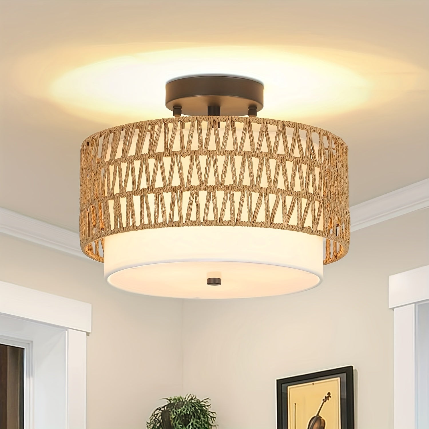 Boho Rattan & Linen Ceiling Light