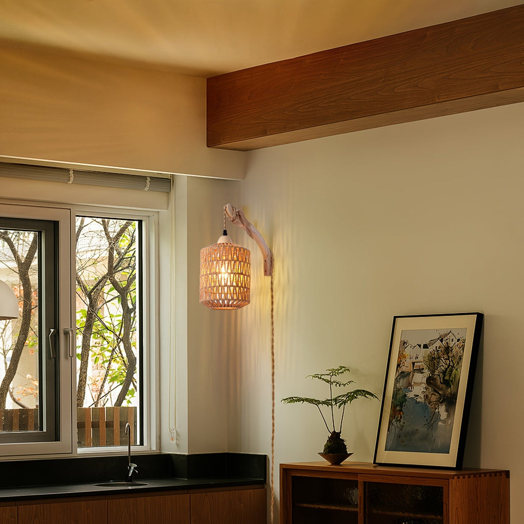 Boho Rattan Plug-In Wall Lamp