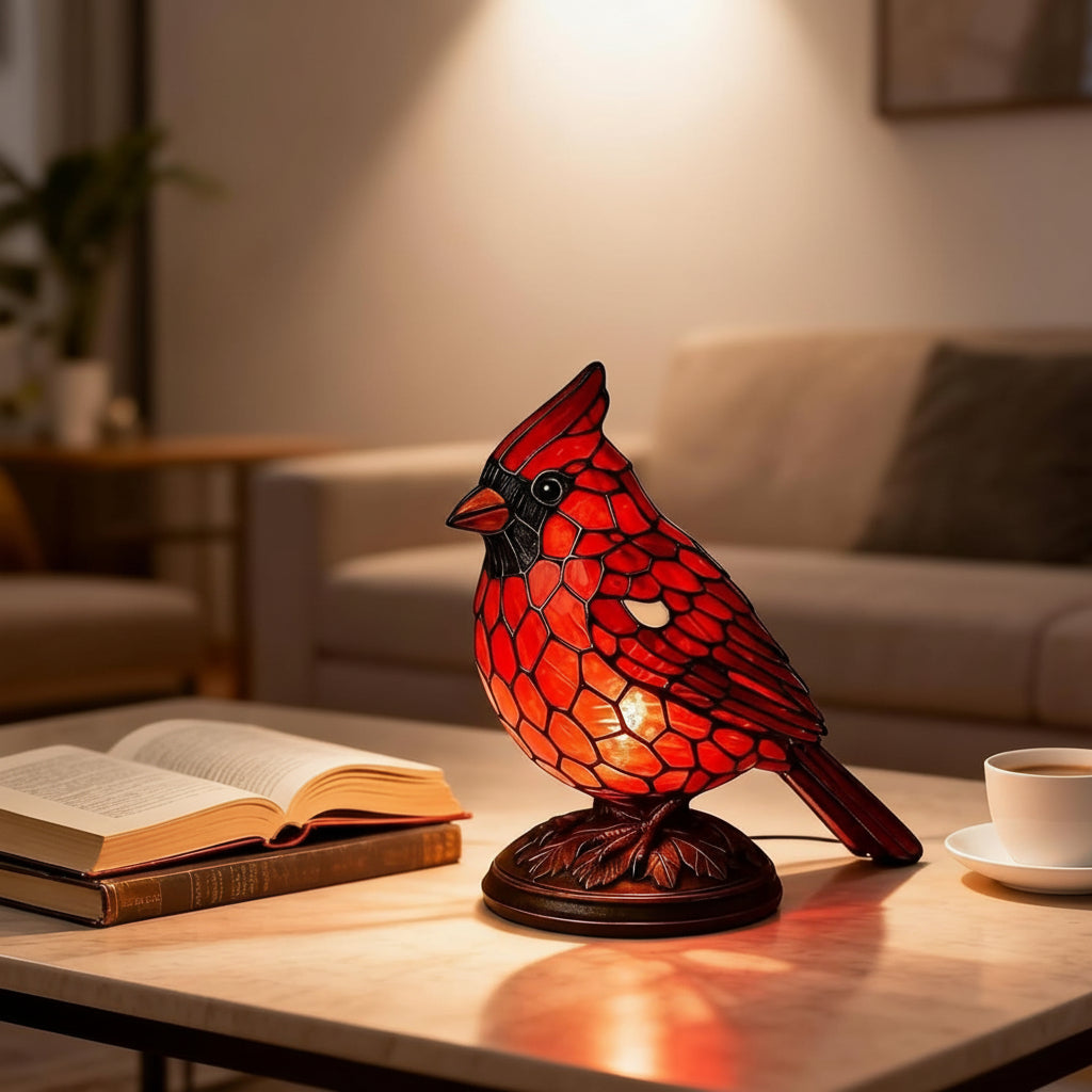 Cardinal Bird Art Glass Table Lamp
