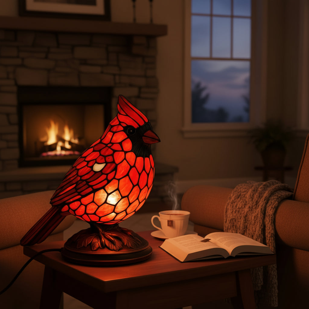 Cardinal Bird Art Glass Table Lamp