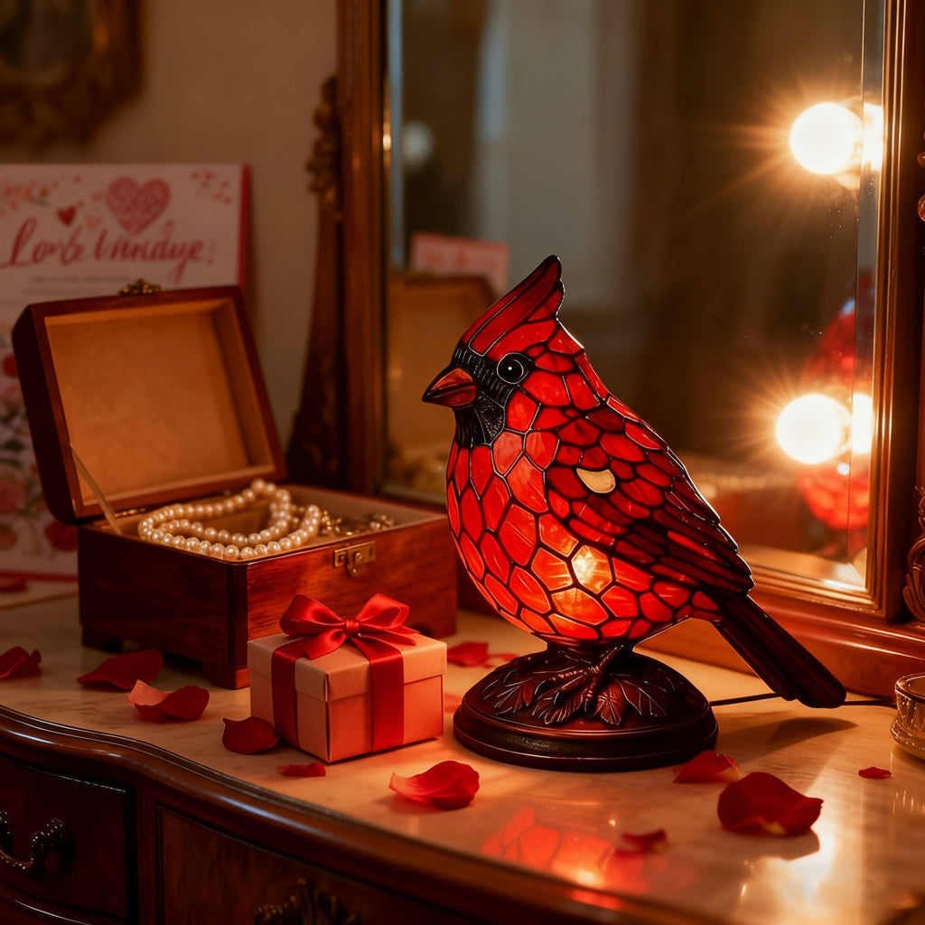Cardinal Bird Art Glass Table Lamp