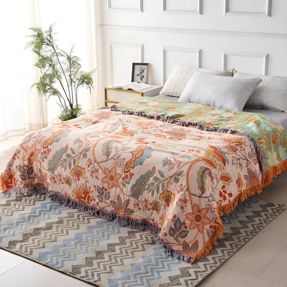Floral Boho Fringe Throw Blanket