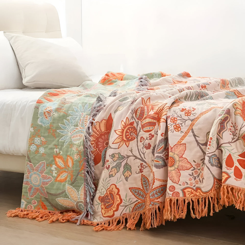 Floral Boho Fringe Throw Blanket