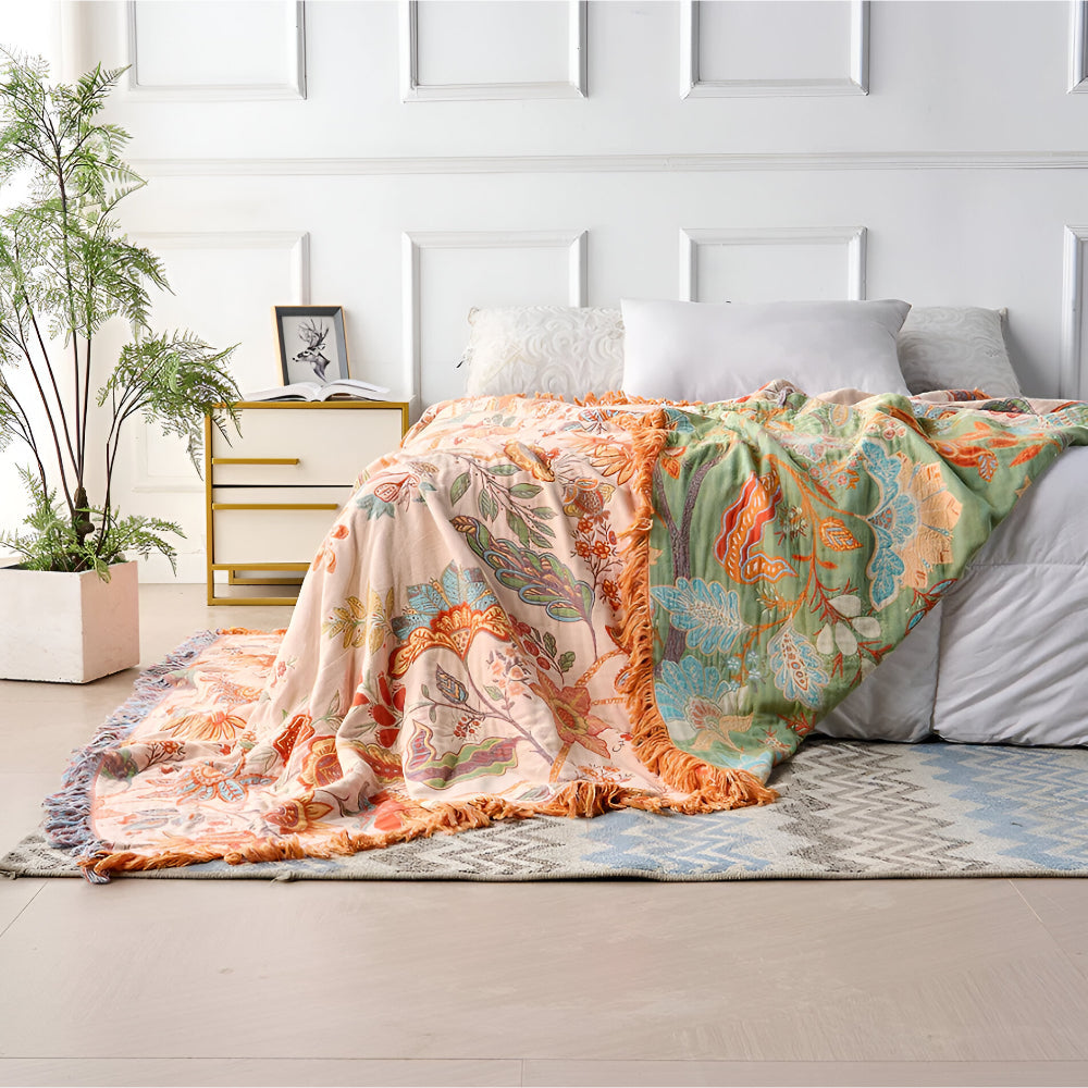 Floral Boho Fringe Throw Blanket