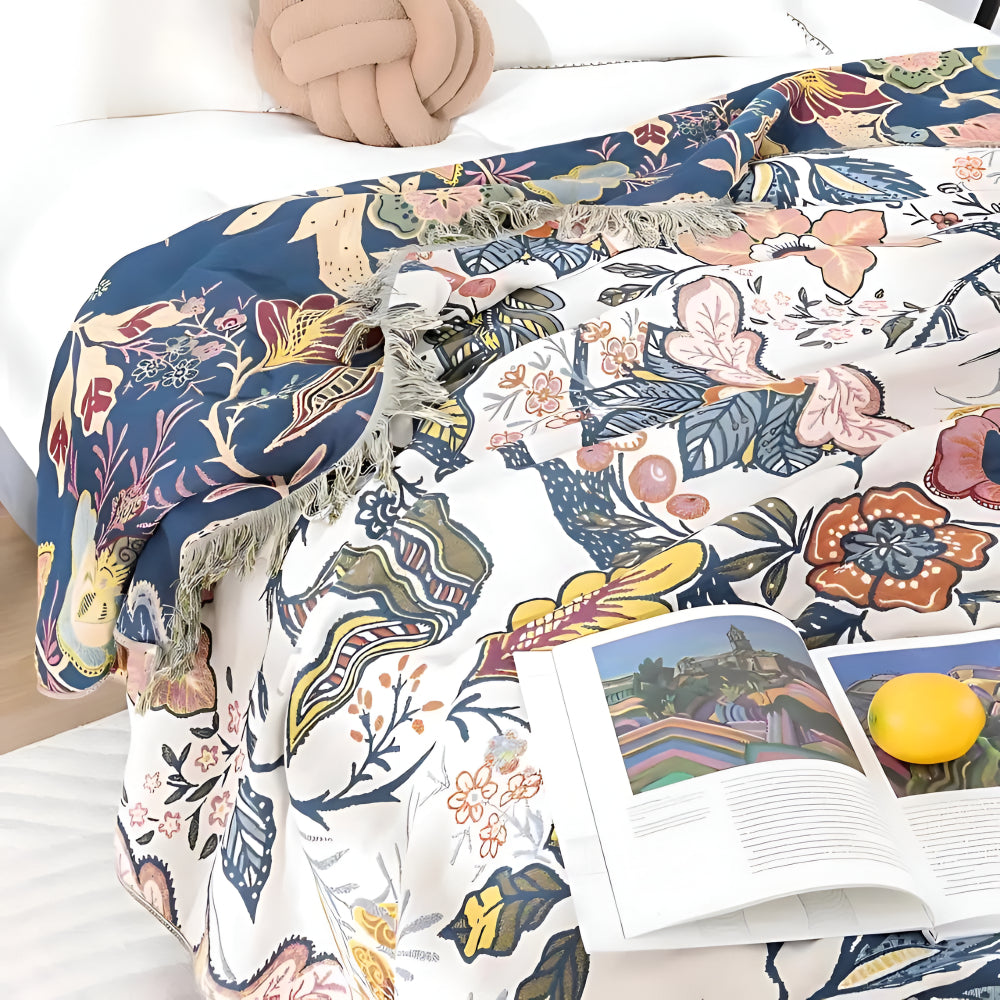 Reversible Floral Tassel Throw Blanket