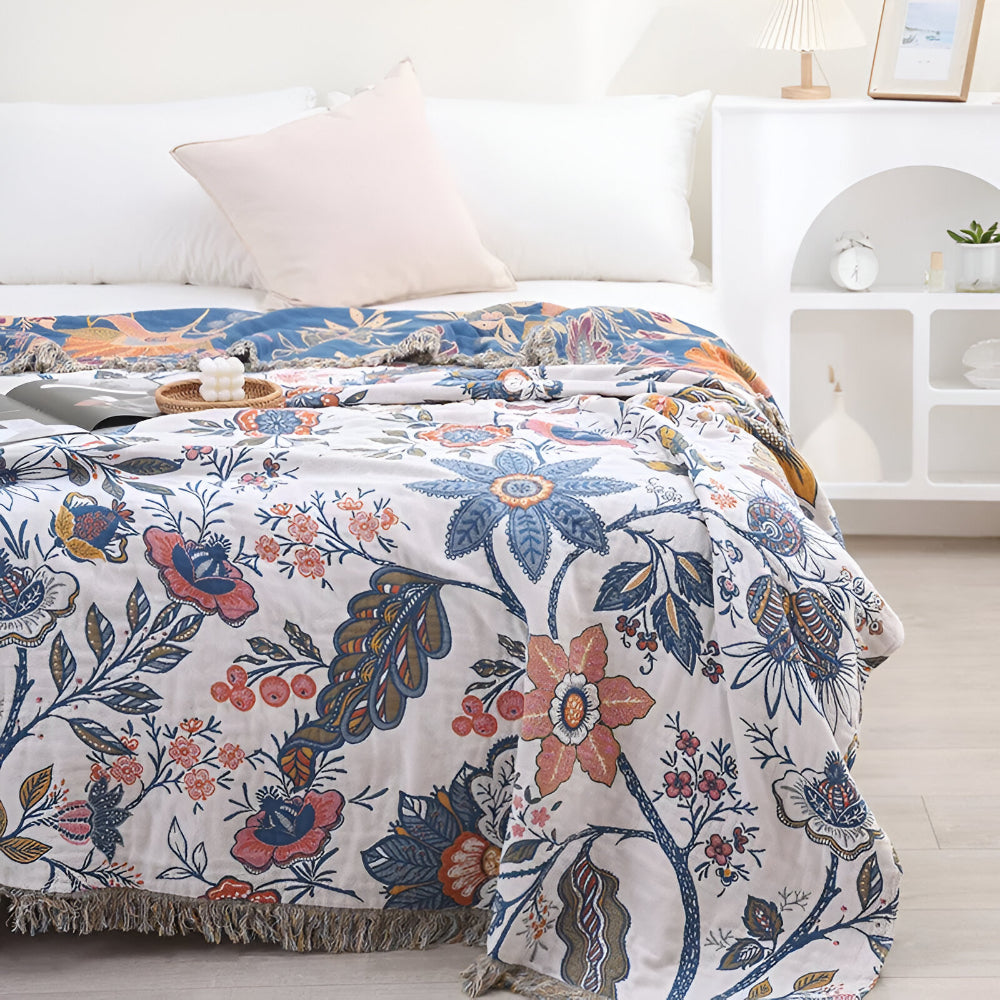 Reversible Floral Tassel Throw Blanket