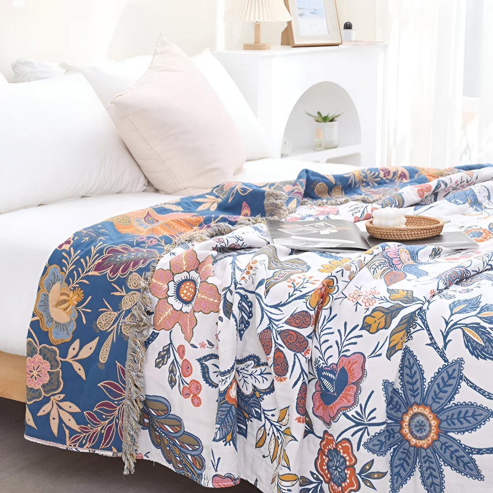 Reversible Floral Tassel Throw Blanket