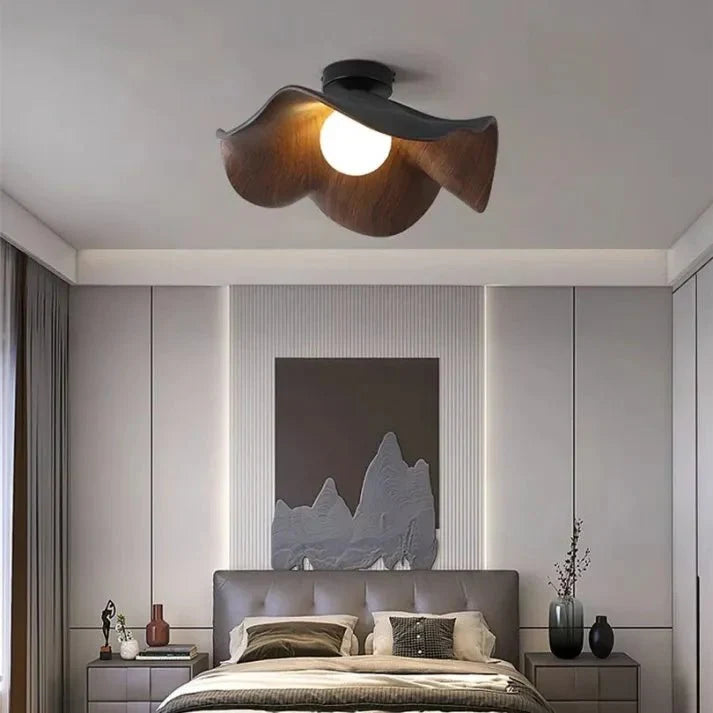 Wooden Lotus Flush Ceiling Light