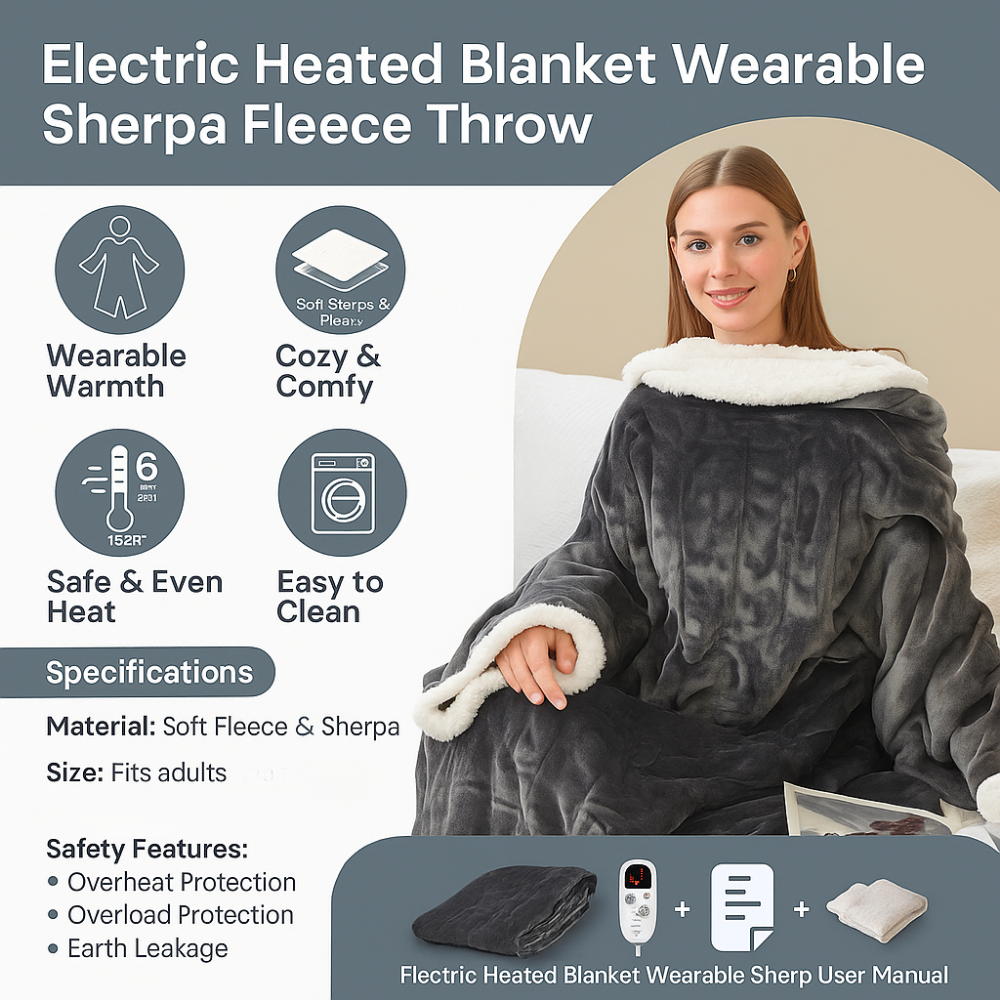Electric Heated Blanket Wearable Sherpa Fleece Throw for Adults 1