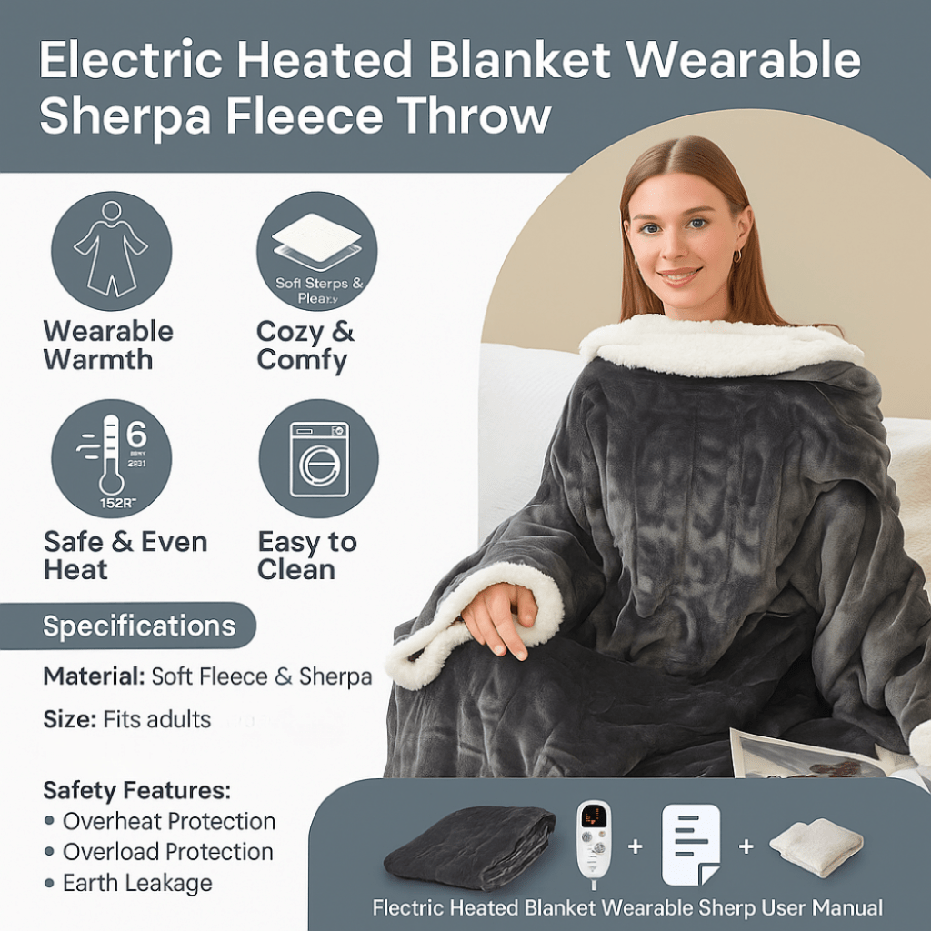 Electric Heated Blanket Wearable Sherpa Fleece Throw Adults - Image 6