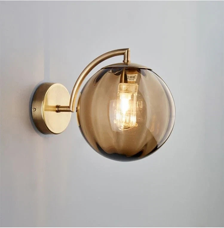 Brass & Tinted Glass Ball Wall Lamp