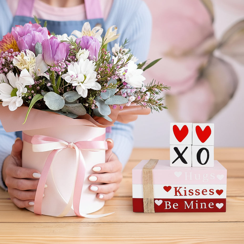 Wooden Valentine Book Stack Decor