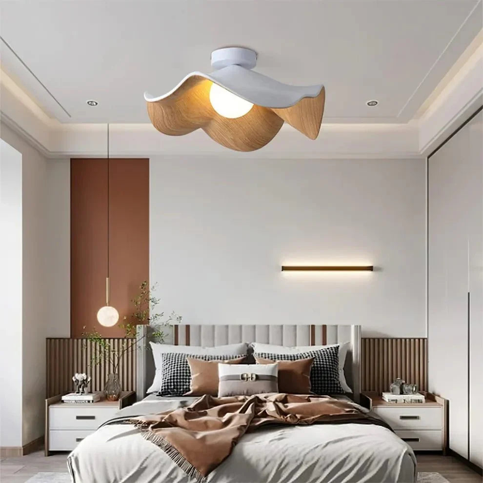 Wooden Lotus Flush Ceiling Light