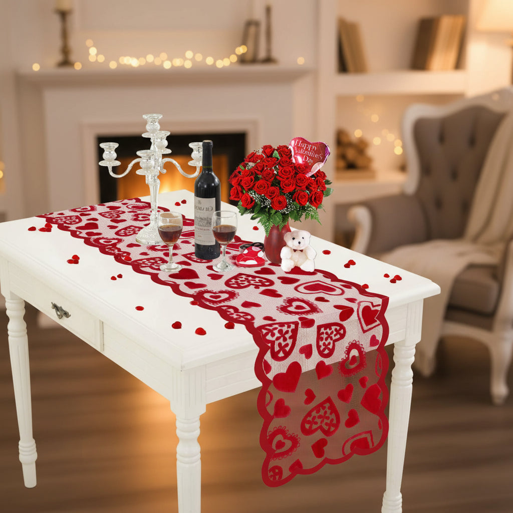 Red Heart Lace Valentine Table Runner