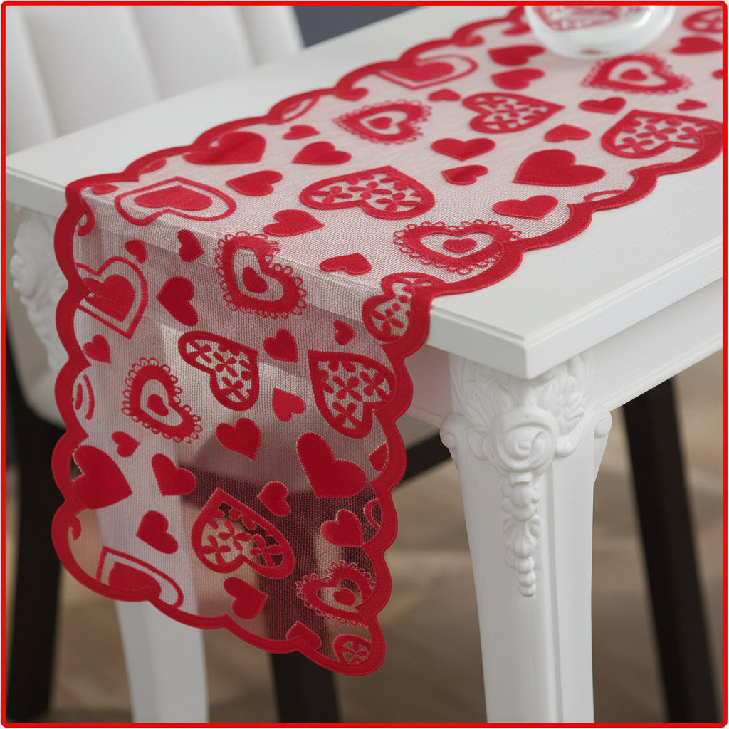 Red Heart Lace Valentine Table Runner