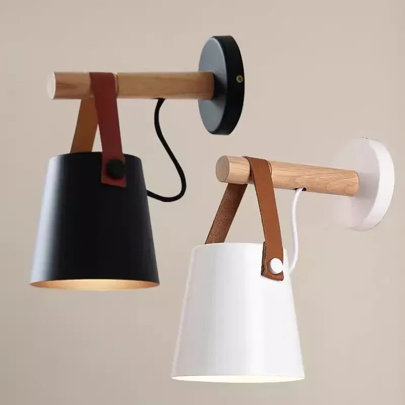 Wood & Leather Hanging Wall Lamp