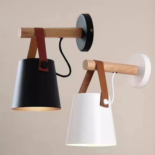 Wood & Leather Hanging Wall Lamp