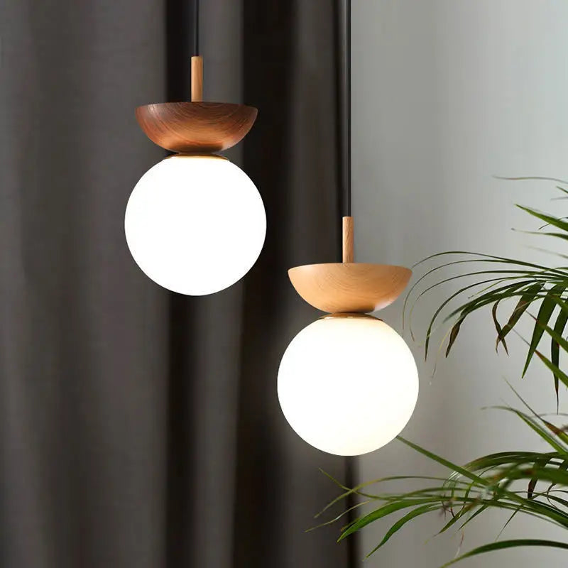 Wood Finish Glass Ball Ceiling Light
