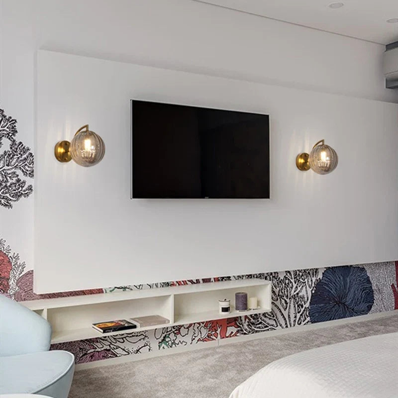 Brass & Tinted Glass Ball Wall Lamp