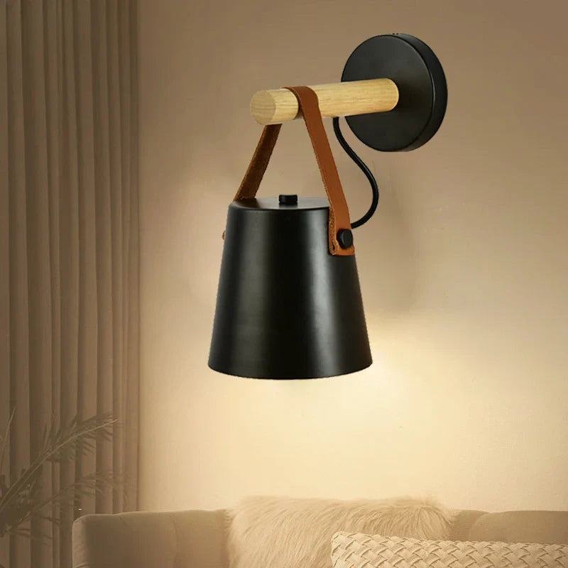 Wood & Leather Hanging Wall Lamp