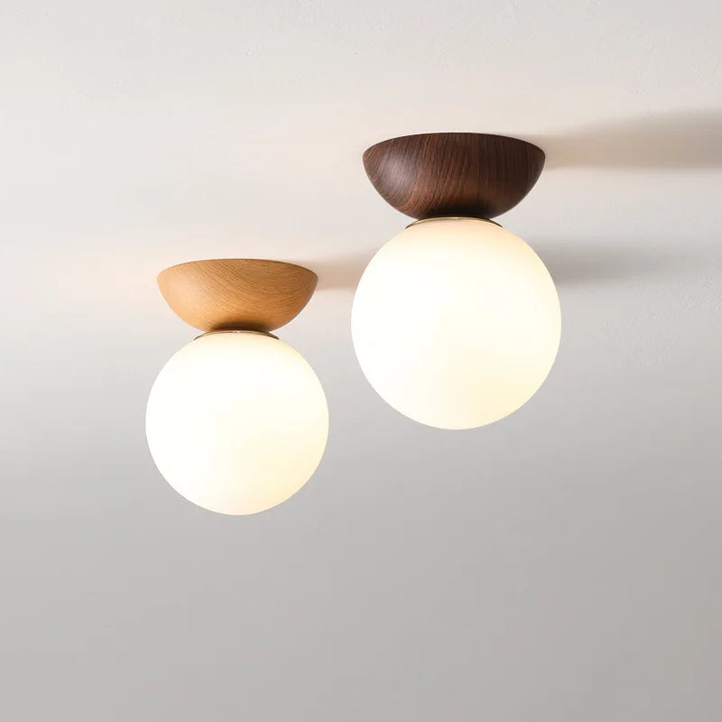 Wood Finish Glass Ball Ceiling Light