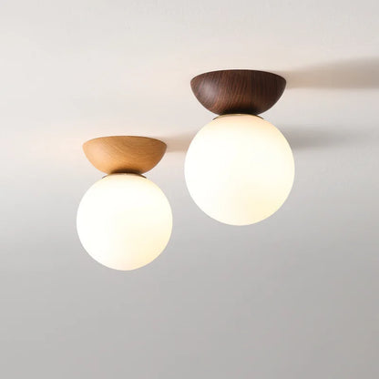 Wood Finish Glass Ball Ceiling Light