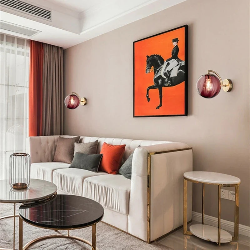 Brass & Tinted Glass Ball Wall Lamp