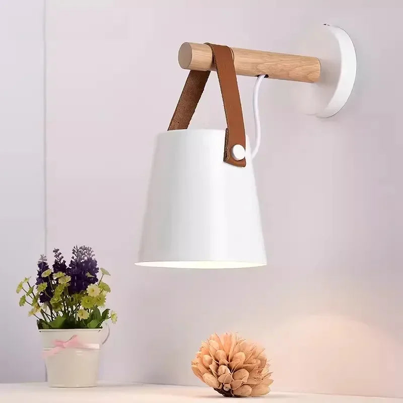 Wood & Leather Hanging Wall Lamp