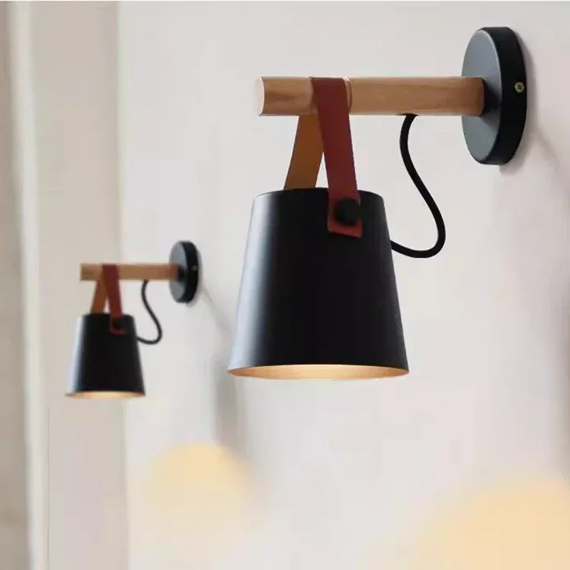 Wood & Leather Hanging Wall Lamp