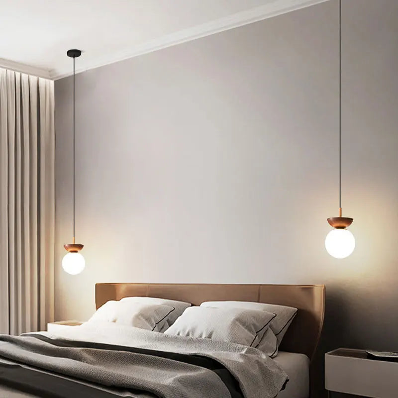 Wood Finish Glass Ball Ceiling Light