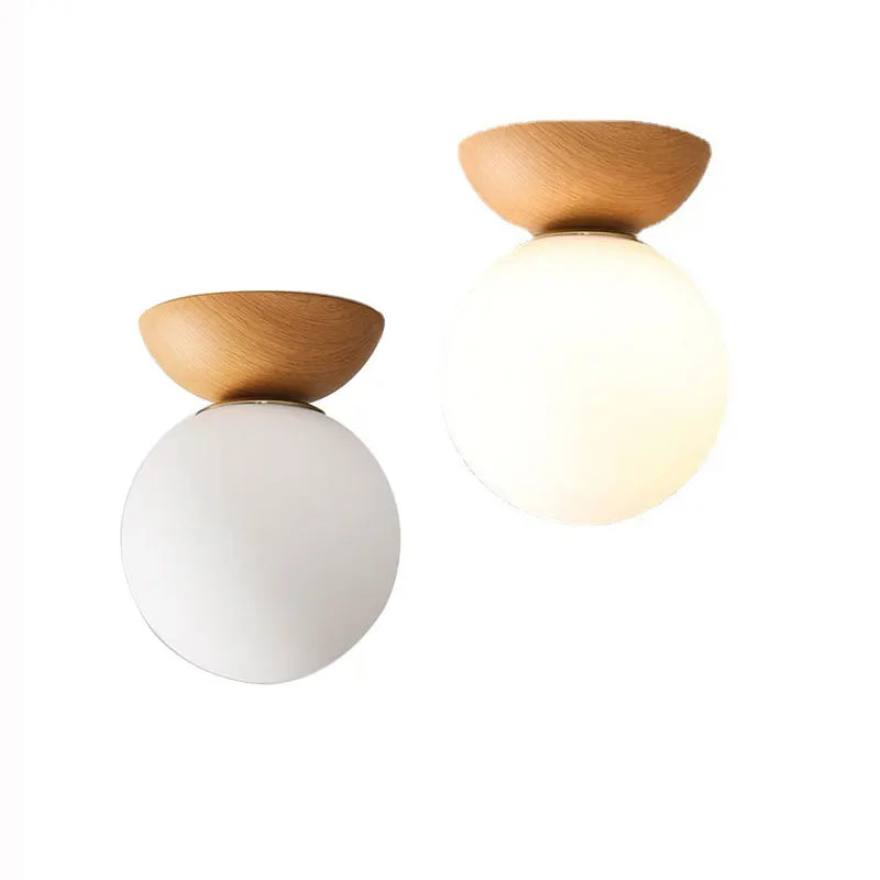 Wood Finish Glass Ball Ceiling Light