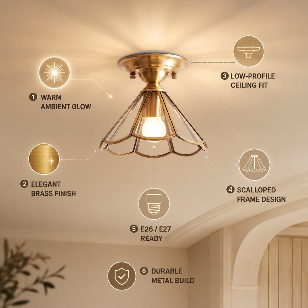 Scalloped Brass Semi-Flush Ceiling Light