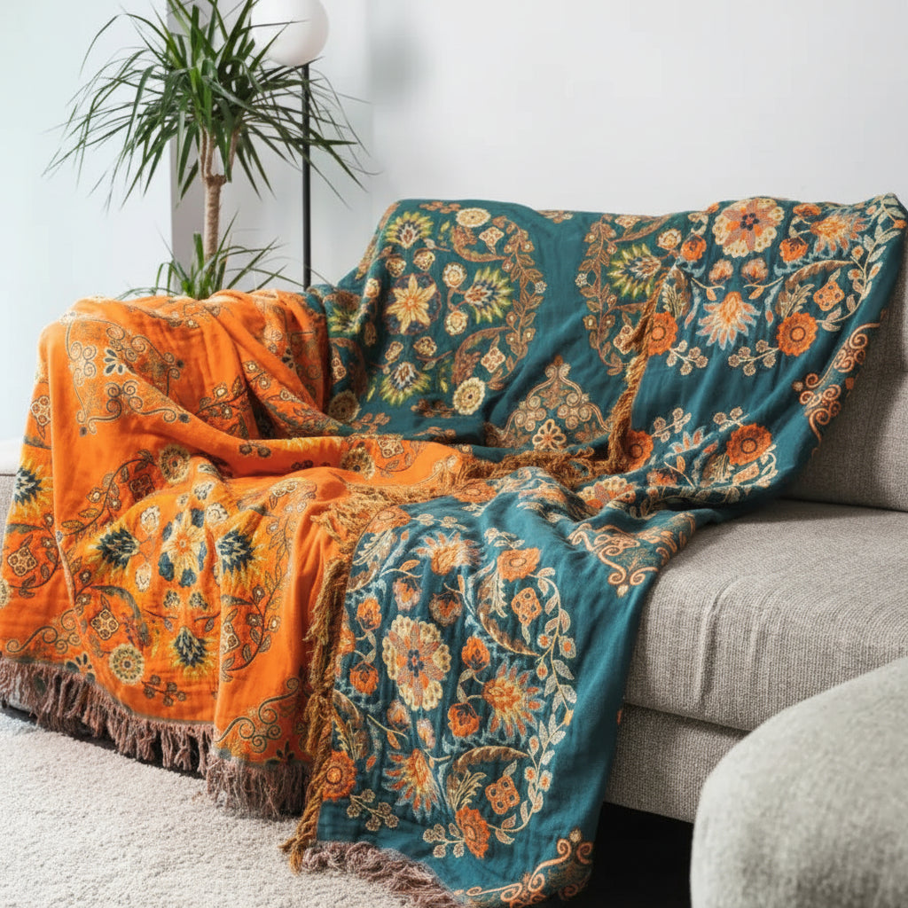 Cotton Gauze Reversible Floral Throw