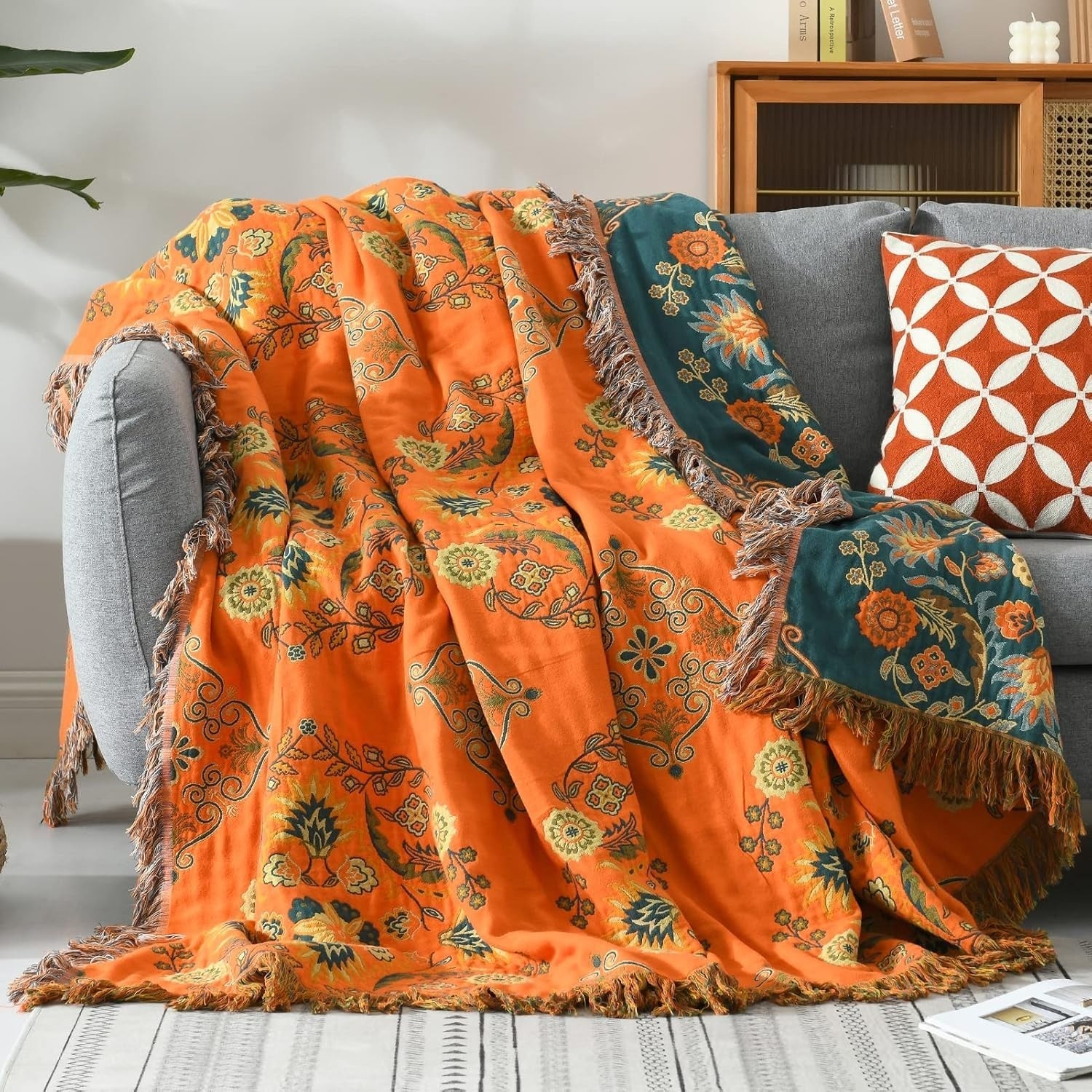 Cotton Gauze Reversible Floral Throw