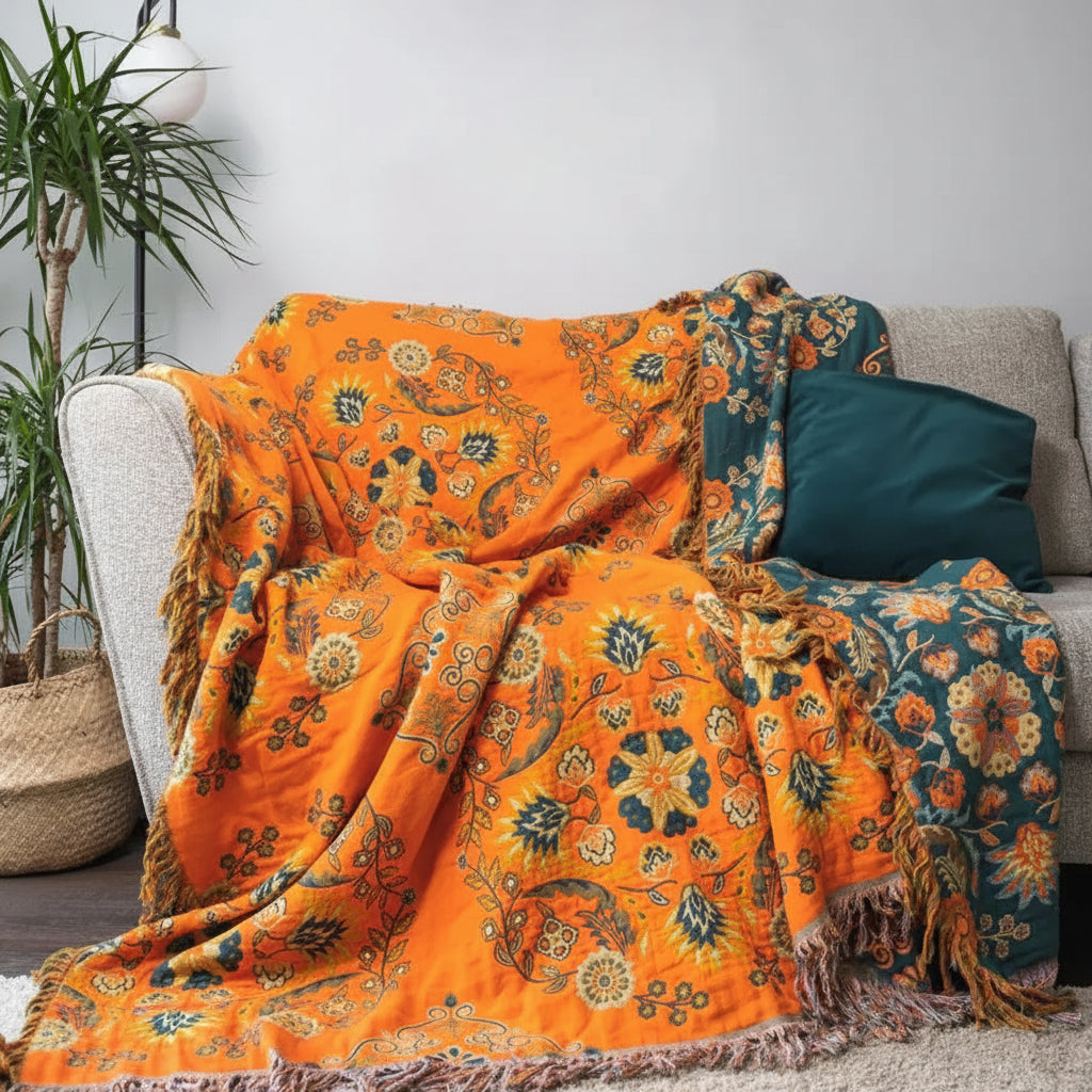 Cotton Gauze Reversible Floral Throw