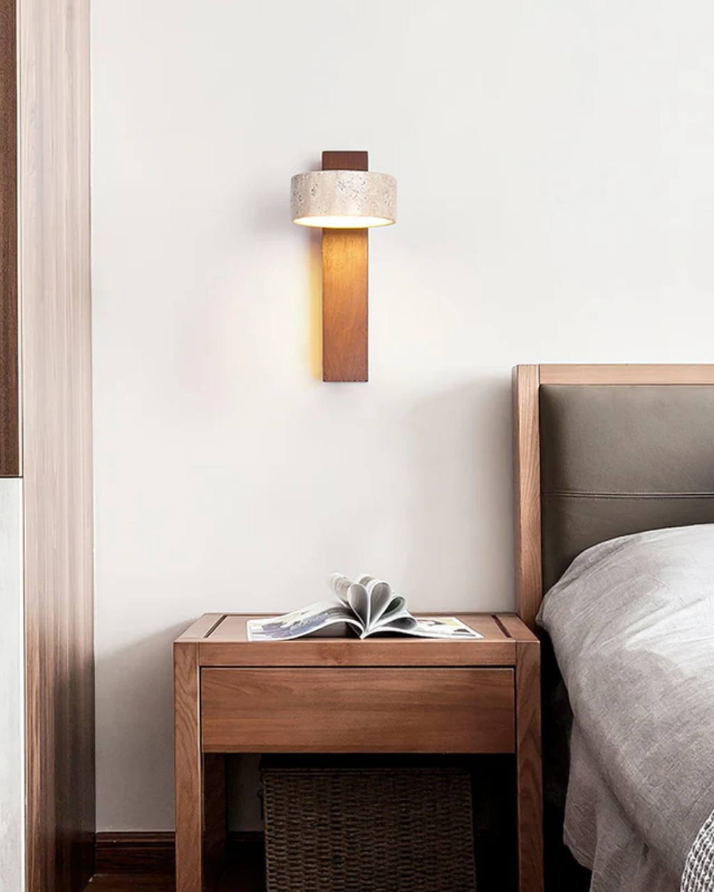 Travertine Stone & Wood Wall Lamp