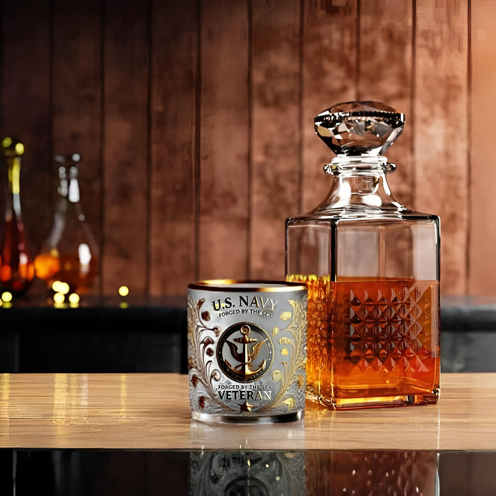 Gold Embossed Veteran Whiskey Glass