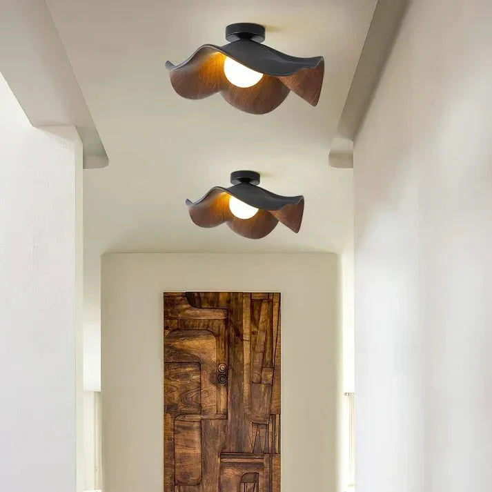 Wooden Lotus Flush Ceiling Light