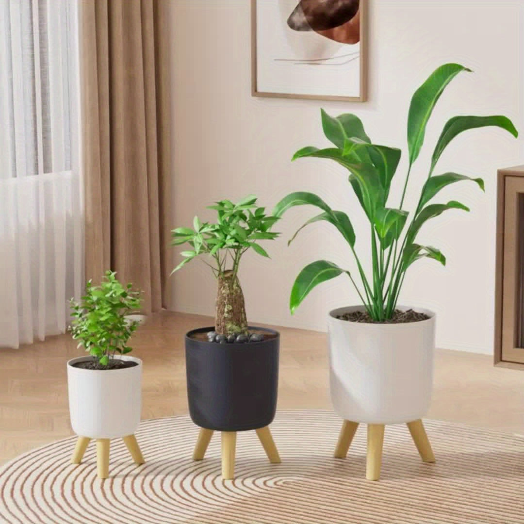 Round Planter Pot with Wooden Legs