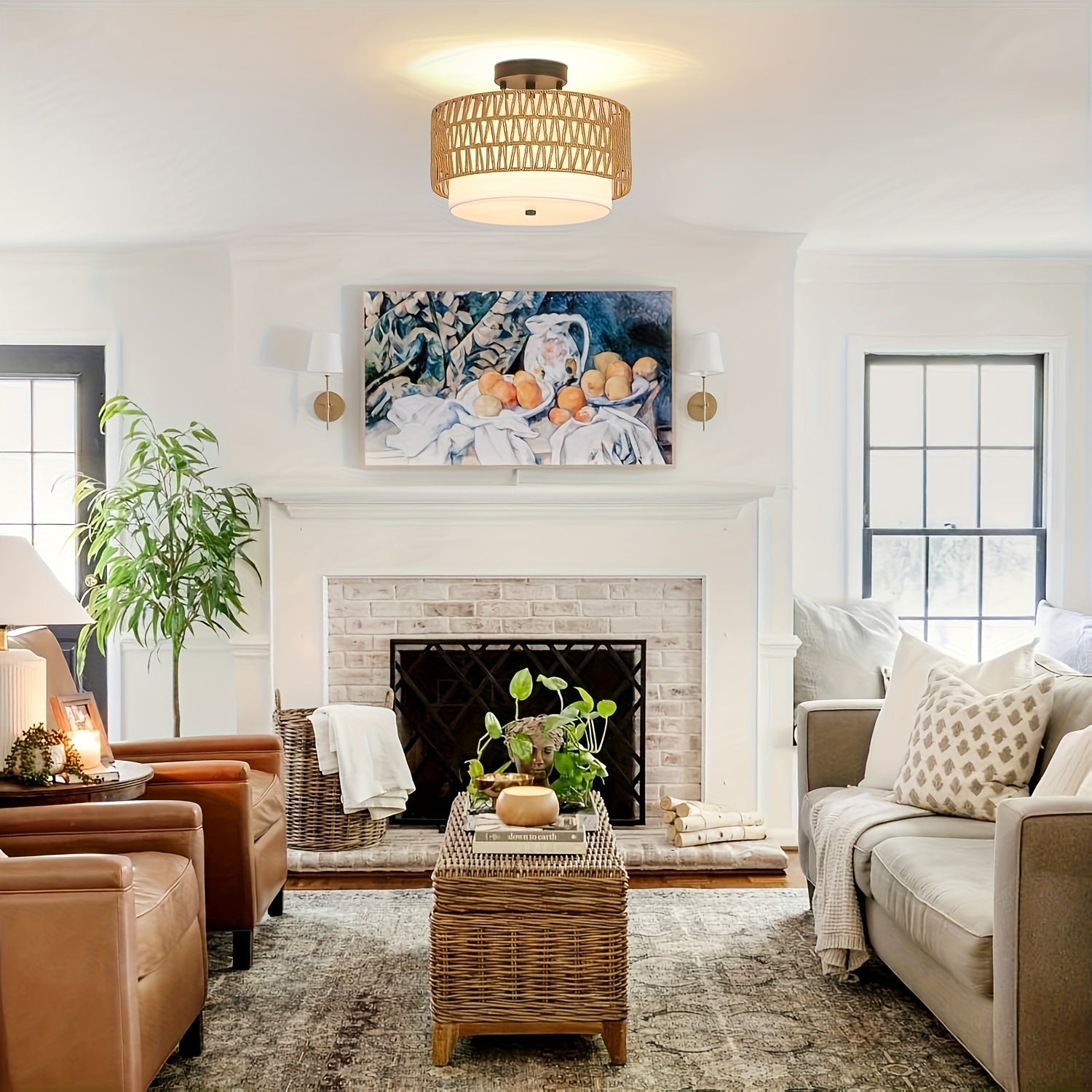 Boho Rattan & Linen Ceiling Light